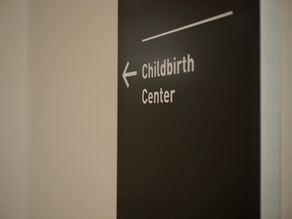 A sign reading "Childbirth Center" at Overlake Hospital in Bellevue, WA.
