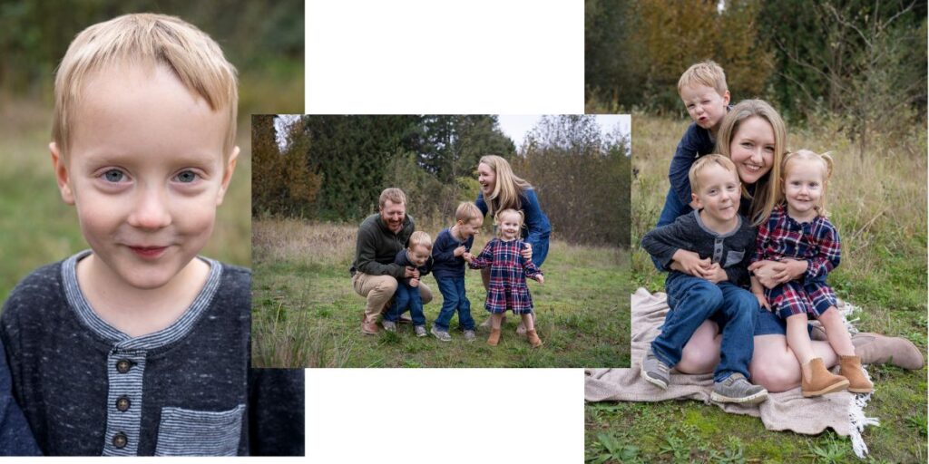 A family of five is getting their family photos taken at Cedarbrook Park.