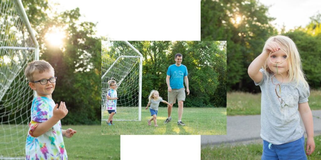 A dad with his two kids play together at Horizon View Park in Lake Forest Park, WA.