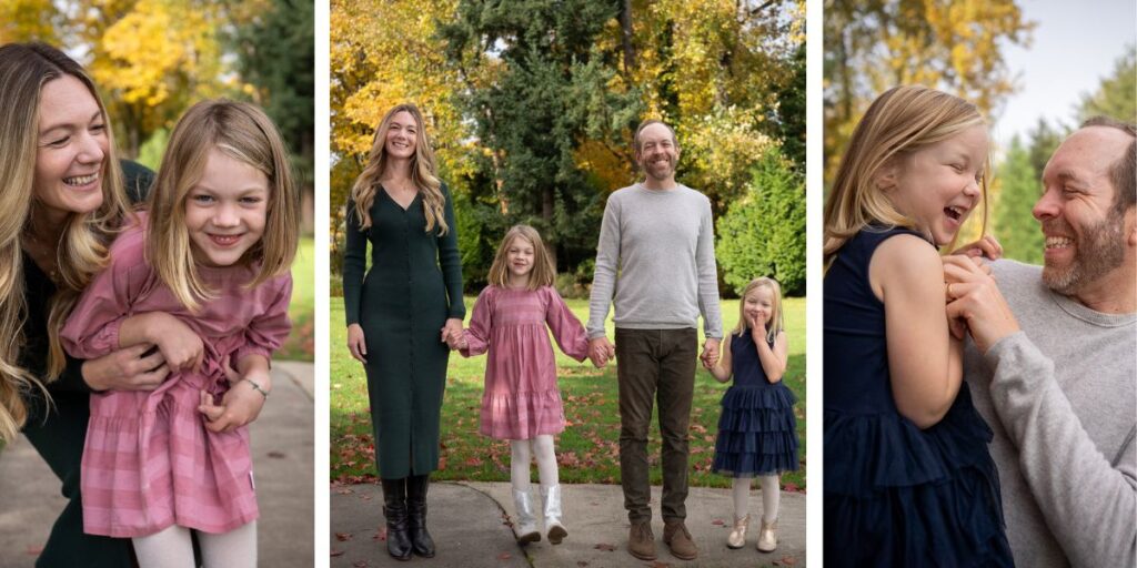 A family of four is smiling and laughing together at the Civic Club in Lake Forest Park.