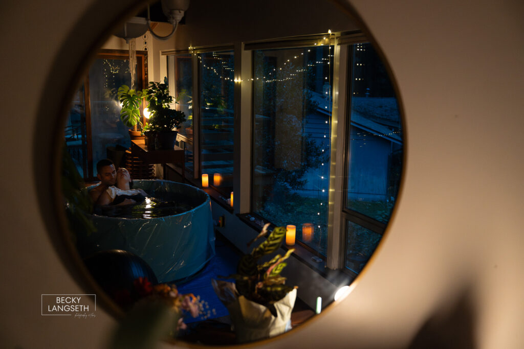 view of the homebirth in sammamish through a mirror on the living room wall
