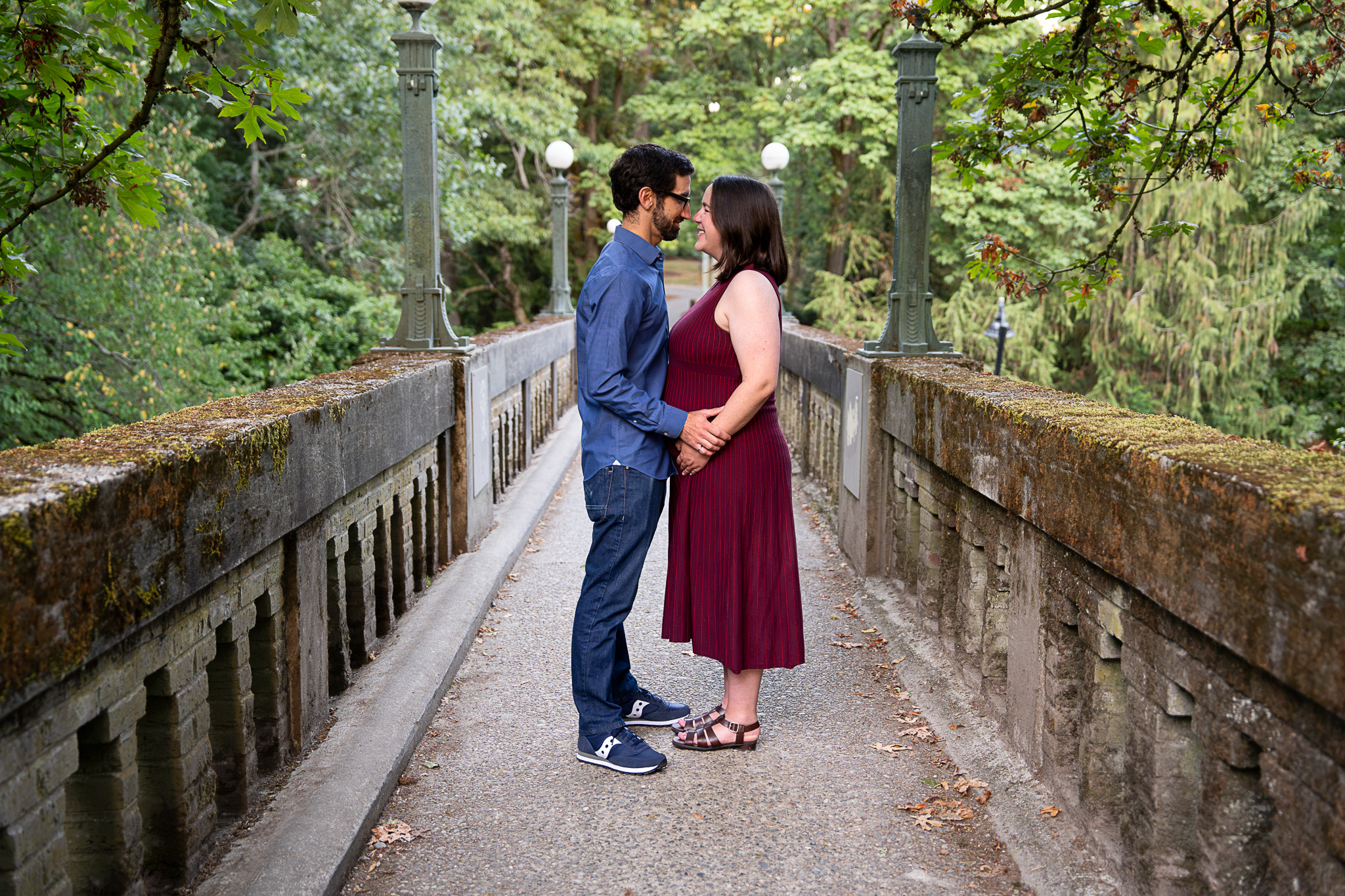 couple on a bridge at Washington Park Arboretum in Seattle